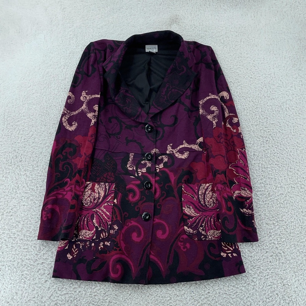 Chico's Blazer Womens 0 Purple Black Baroque Paisley Lined 4 Button Front‎ Knit